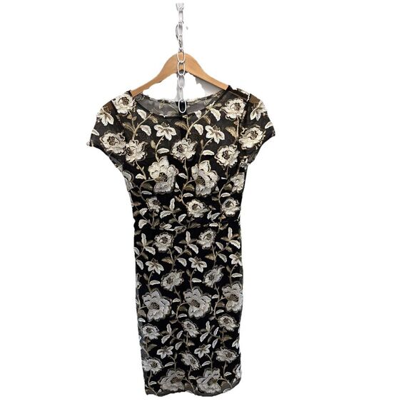 David Meister Floral Embroidered Midi Dress 6 Black White Gold Cocktail Formal - Picture 12 of 13